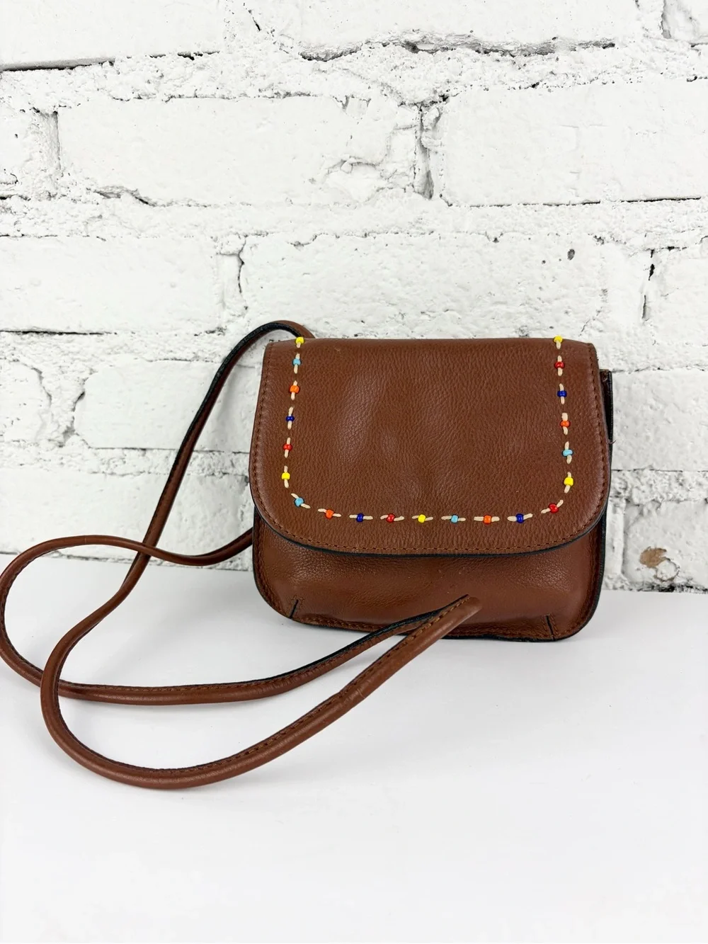 Fossil Brown Leather Mini Beaded Flap Crossbody Shoulder Bag VTG